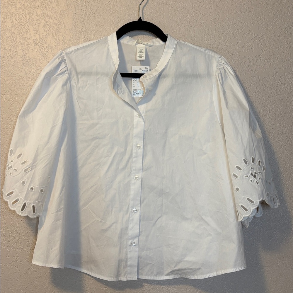 White Eyelet Sleeve Cotton Button-Up Top